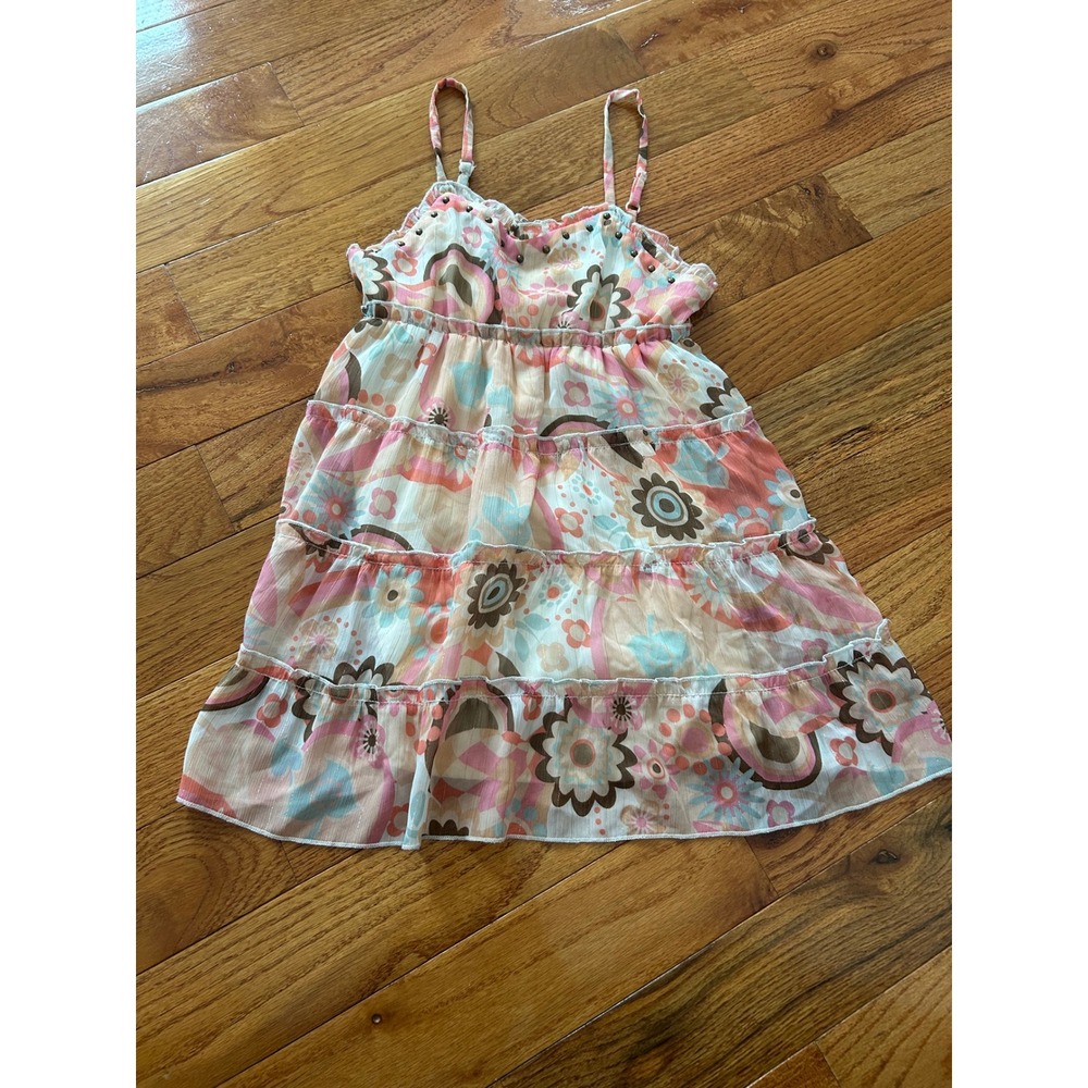 Limited Too Girls Pink Floral Tiered Sundress Metallic Studded Boho Size 10